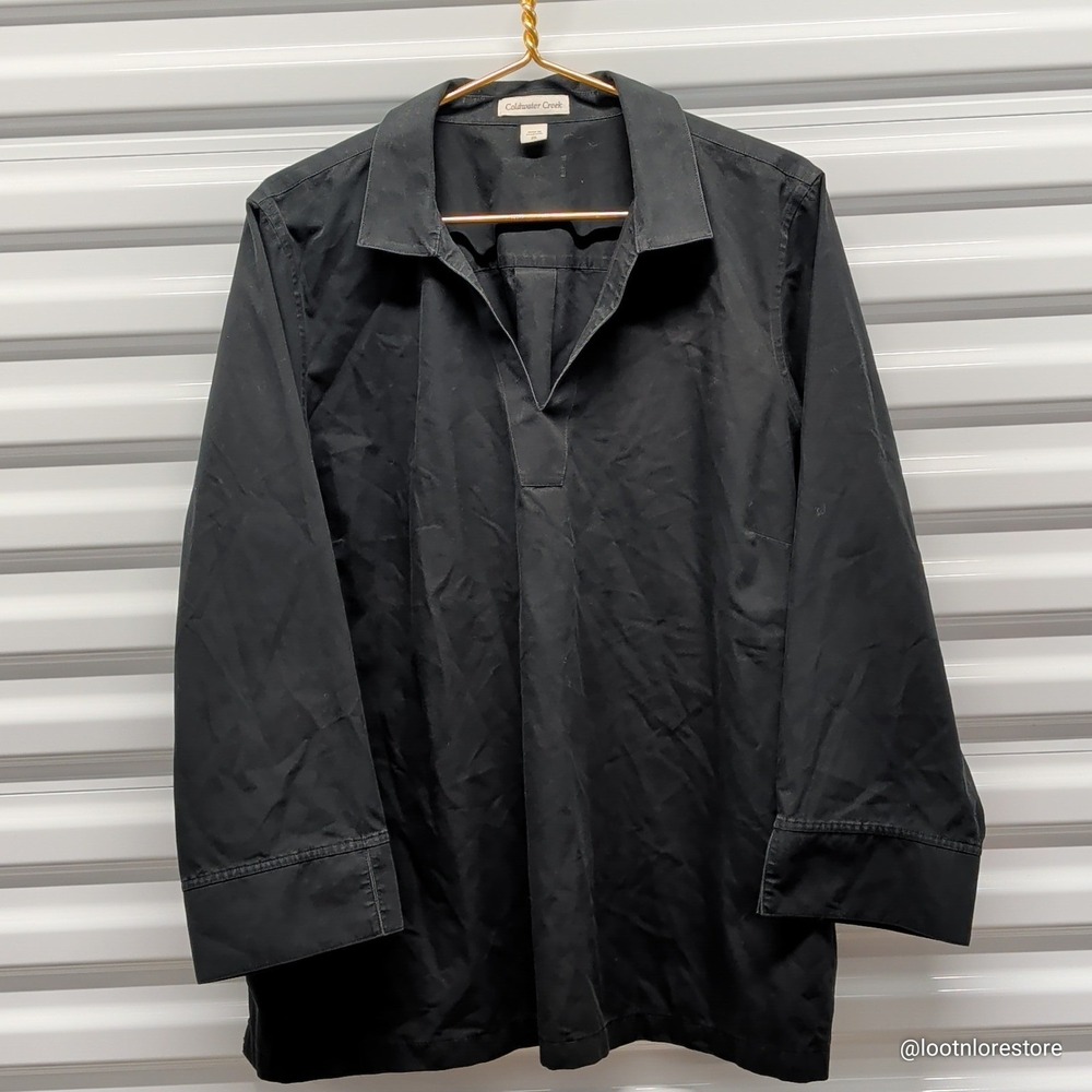 Coldwater Creek 2X Women Black Cotton Split Neck Tunic Blouse 3/4 Sleeve Top — photo 2